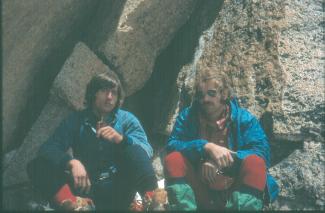Patrick Berhault and Yves Remy at the end of C'est arrivé demain, Face Nord du Dru, 1979, Chamonix